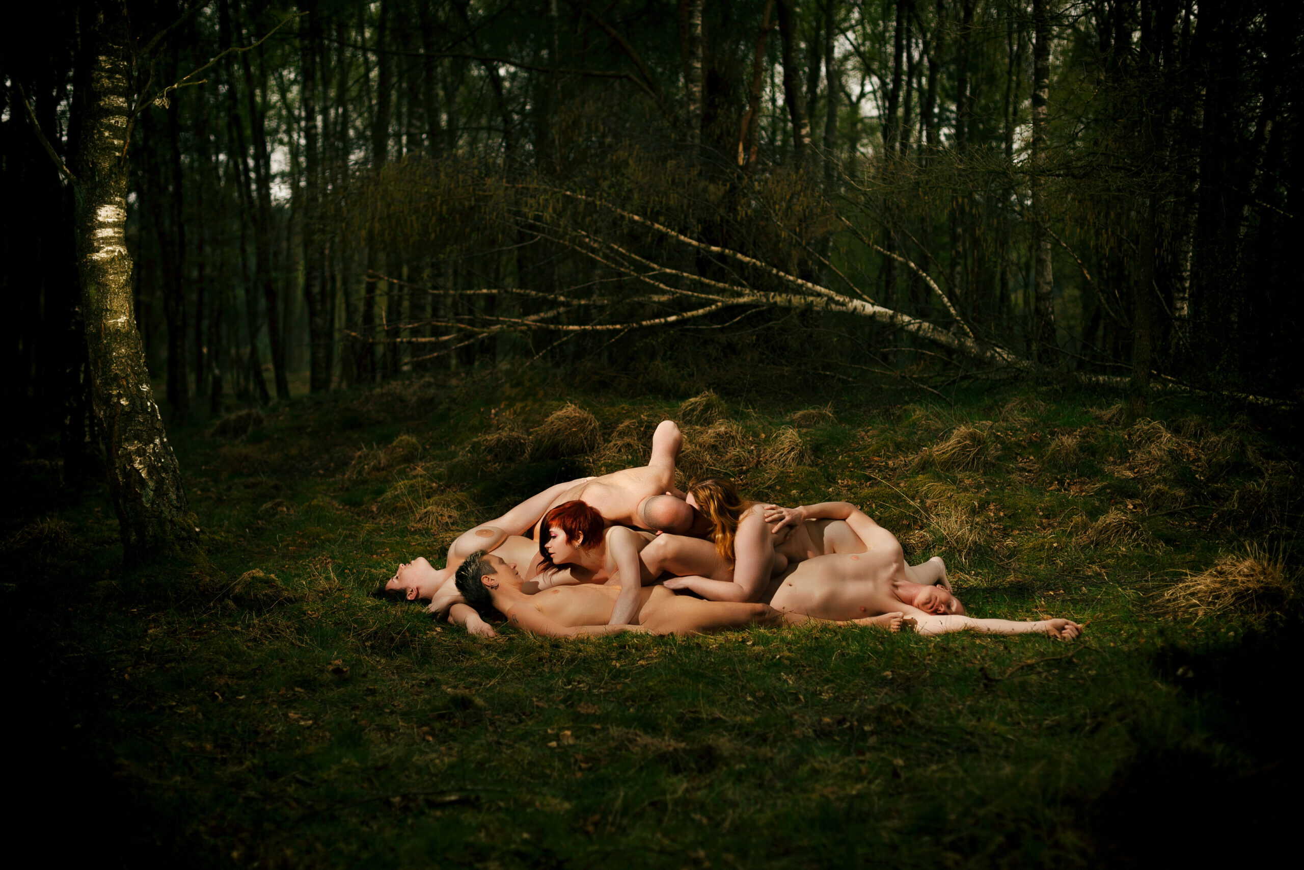 Fine art photograph by Menno van der Meulen, “Fields of Joy” — a group of nude figures embracing in a mossy forest clearing, warm skin tones framed by deep green woodland.
