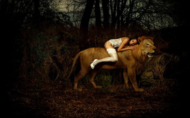 Fine art photograph of a nude muse lying on a lion in a nocturnal forest, by Menno van der Meulen