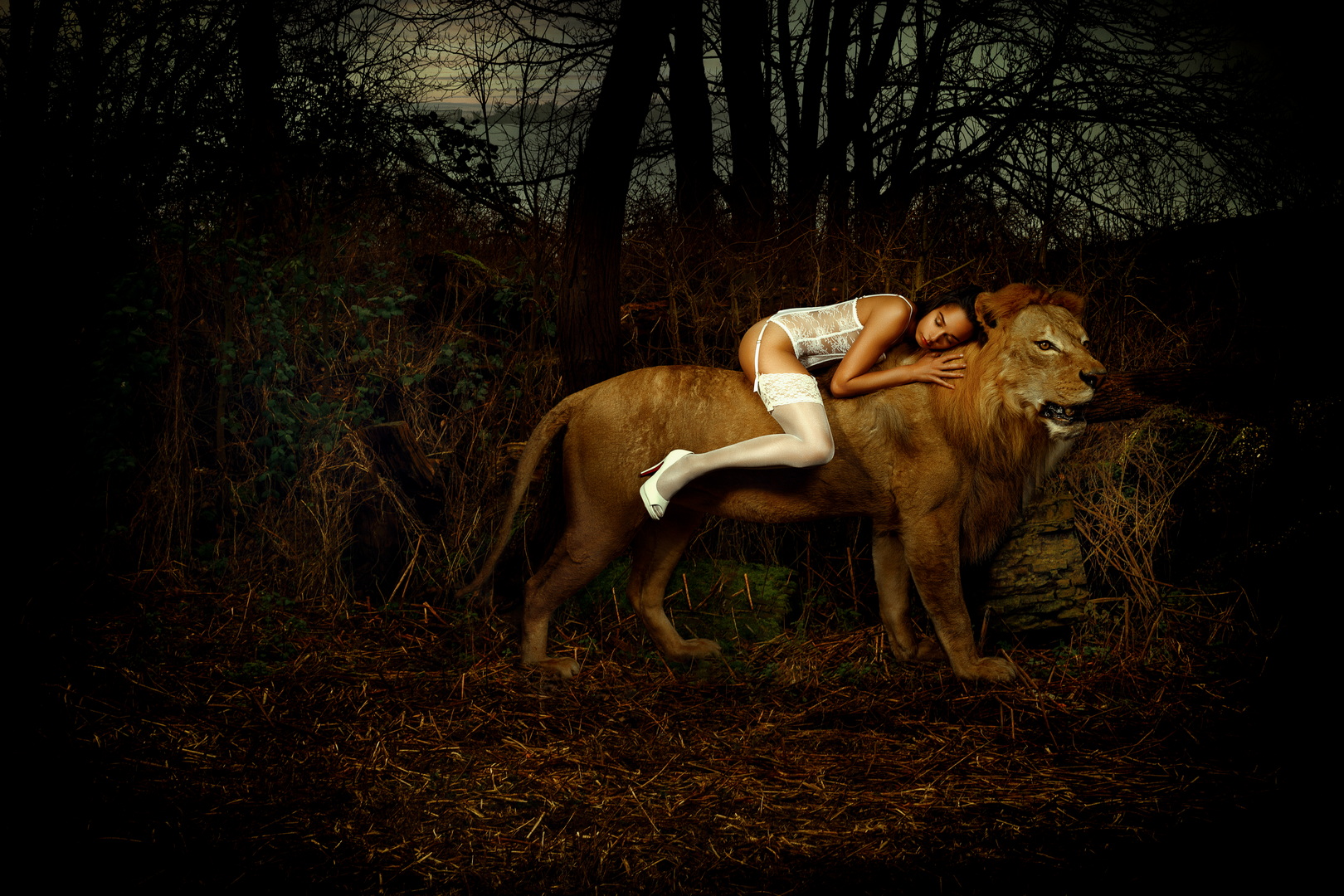 Fine art photograph of a nude muse lying on a lion in a nocturnal forest, by Menno van der Meulen